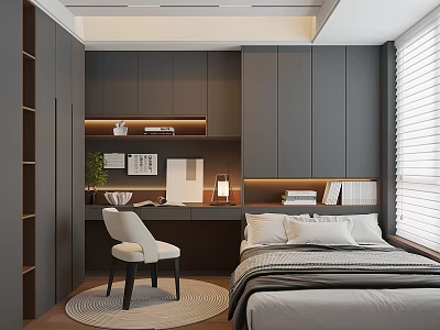 Modern Tatami Bedroom Interior With Bed Desk Chair And Storage Cabinets 3d model