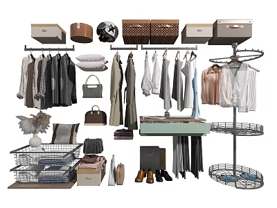 Organized Clothes Storage with Hanging Racks Storage Boxes Handbags and Shoes 3d model