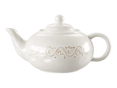 Elegant White Dinnerware Set With Golden Decorative Patterns And Teapot 3d model