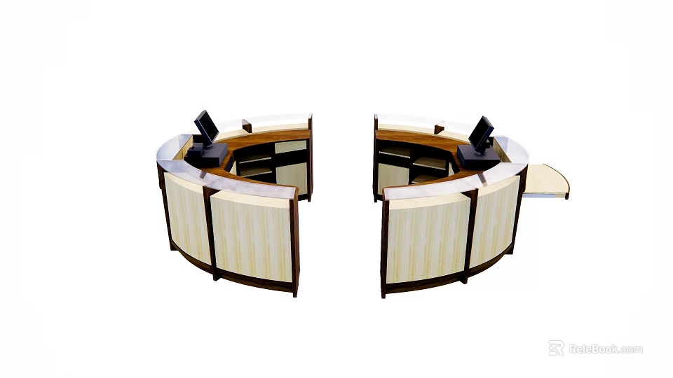 Modern Curved Reception Desk With Wooden Elements Light Panels And Computer Monitors 3d model 
