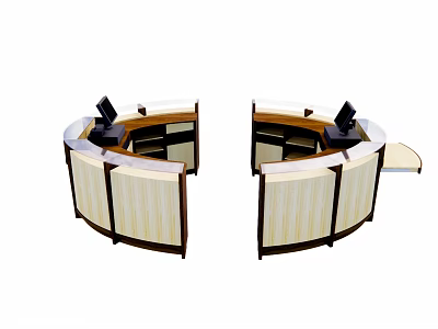 Modern Curved Reception Desk With Wooden Elements Light Panels And Computer Monitors 3d model