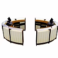 Modern Curved Reception Desk With Wooden Elements Light Panels And Computer Monitors