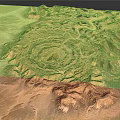 Natural Garden Landscape With Circular Structure Mountainous Terrain Sandy Areas And Green Patches