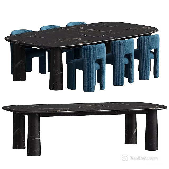 Black Marble Oval Dining Table Set With Blue Upholstered Armchairs And Marble Legs 3d model 