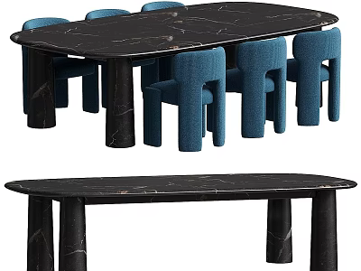 Black Marble Oval Dining Table Set With Blue Upholstered Armchairs And Marble Legs 3d model