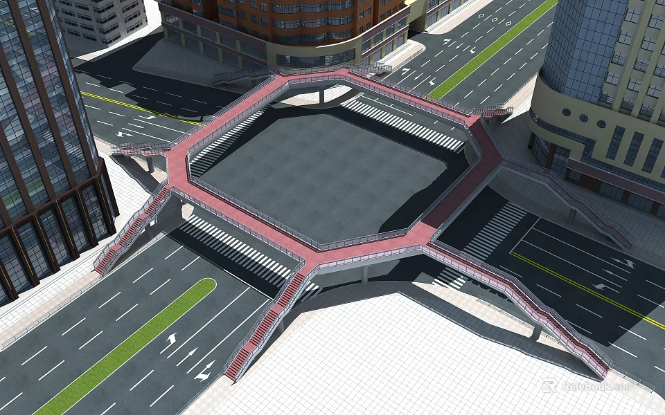 Hexagonal Urban Bridge with Red and Gray Design Connecting Roads and Tall Buildings 3d model 