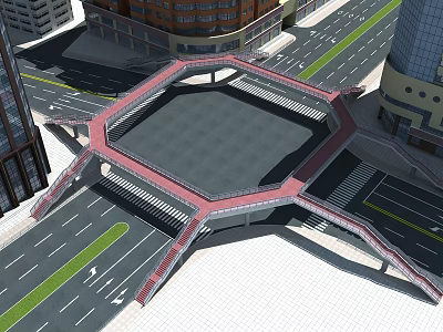 Hexagonal Urban Bridge with Red and Gray Design Connecting Roads and Tall Buildings 3d model