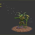 Red Demon Man with Horns Holding Staff and Golden Particles on Red Base