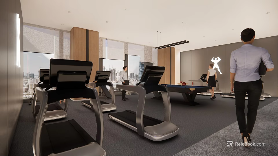 Spacious Modern Leisure Area Interior With Treadmills Pool Table And People 3d model 