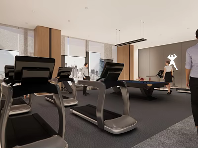 Spacious Modern Leisure Area Interior With Treadmills Pool Table And People 3d model