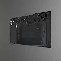 Reflective Mirror With Irregular Holes On Gray Wall Reflecting Bathroom Bathtub Showerhead And Wooden Shelves
