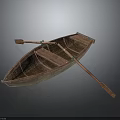 Traditional Wooden Water Transportation Boat With Wooden Oars And Interior Seats