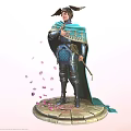 Warrior Character In Blue Cloak With Gold Patterns Winged Helmet Weapon Pink Petals Circular Base