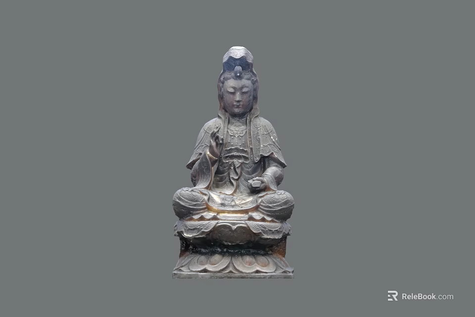 Seated Guan Yin Bodhisattva Bronze Sculpture With Intricate Lotus Base 3d model 