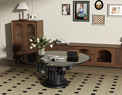 Round Glass Coffee Table With Black Ornate Column Base White Flower Bouquet And Magazines 3d model