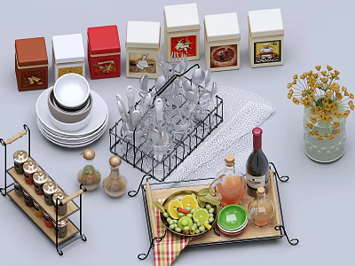 Kitchenware Collection Featuring Spice Jars Utensils Tray Fruits and Wine Bottle 3d model