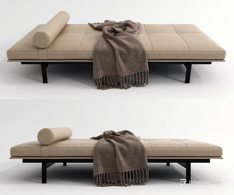 Modern Beige Fabric Sofa Bench With Brown Throw Blanket And Black Metal Legs 3d model 