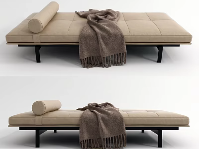 Modern Beige Fabric Sofa Bench With Brown Throw Blanket And Black Metal Legs 3d model