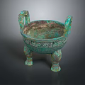 Ancient Chinese Bronze Sculpture Carving with Tripod Legs Double Handles and Intricate Patterns