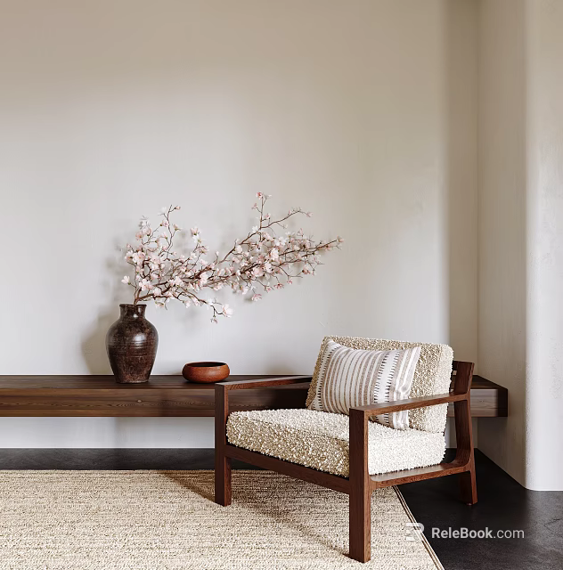 Accent Chair With Wooden Frame Striped Cushion Brown Vase Pink Blossoms Light Wall Dark Floor 3d model 