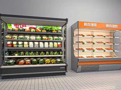 Commercial Display Refrigerators with Vegetables Canned Foods and Fresh Meat Sections 3d model