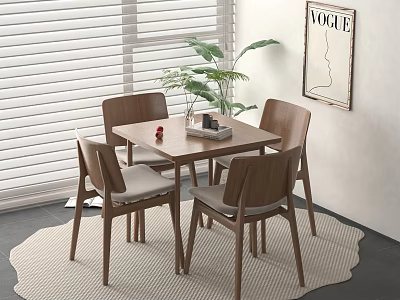 Wooden Dining Table And Chairs Set In Interior With Plant Magazine Window Blinds And Rug 3d model