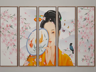 Traditional Female Figure Painting With Yellow Kimono Fan Cherry Blossoms Butterflies Mountains And Black Bird 3d model