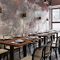 Modern Industrial Restaurant Interior With Textured Gray Walls Windows Round Tables White Chairs And Tableware