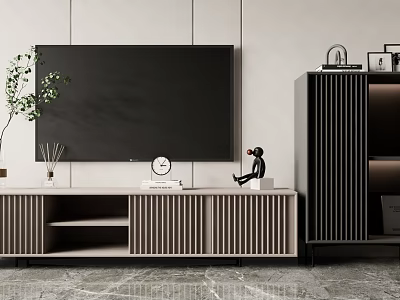 Modern TV Stand With Minimalist Design TV Decorative Items Clock And Green Plant 3d model