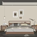 Minimalist Modern Bedroom Interior With Wooden Bed Decorative Paintings Nightstands And Area Rug