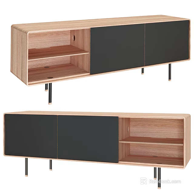Modern Wooden Sideboard With Black Cabinet Doors Open Shelves And Sleek Metal Legs 3d model 