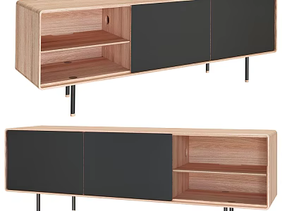 Modern Wooden Sideboard With Black Cabinet Doors Open Shelves And Sleek Metal Legs 3d model
