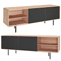 Modern Wooden Sideboard With Black Cabinet Doors Open Shelves And Sleek Metal Legs