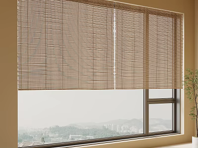 Natural Bamboo Light Filtering Blinds For Window With City Mountain View 3d model