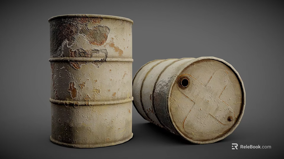 Rusty Metal Barrels Standing And Lying With Worn Surfaces In Industrial Scene 3d model 