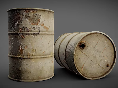 Rusty Metal Barrels Standing And Lying With Worn Surfaces In Industrial Scene 3d model