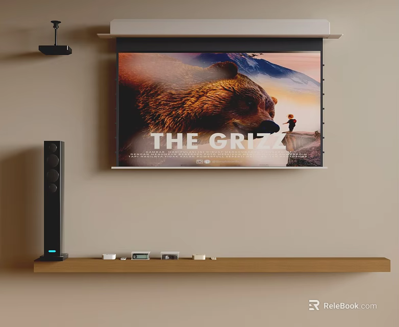 Home Theater Projection Monitoring Setup With Large Screen Movie Display Sound System On Shelf 3d model 