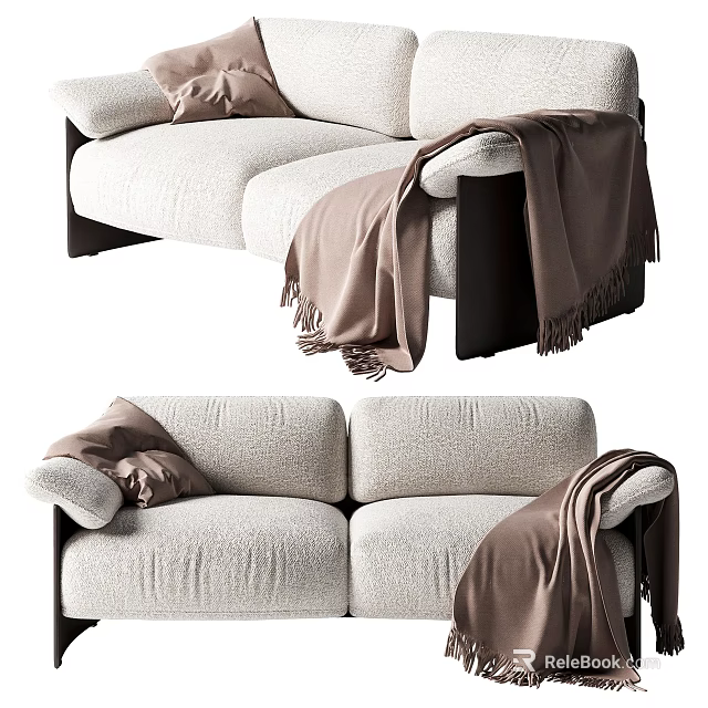 Cozy Beige Two Seater Sofa With Plush Pillows Stylish Throw Blanket And Dark Wooden Legs 3d model 