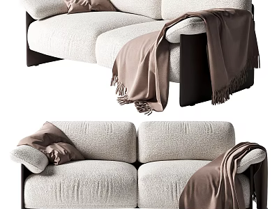 Cozy Beige Two Seater Sofa With Plush Pillows Stylish Throw Blanket And Dark Wooden Legs 3d model