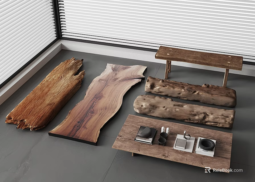 Rustic Wooden Bench With Natural Edge Planks For Home Interior Near Window 3d model 