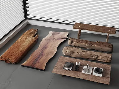 Rustic Wooden Bench With Natural Edge Planks For Home Interior Near Window 3d model