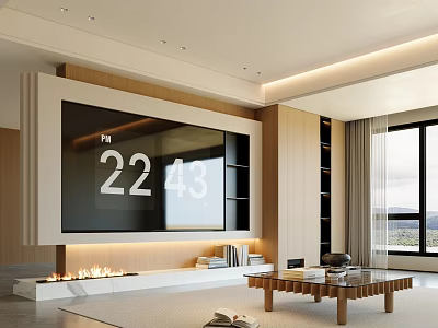 Modern Wooden TV Stand With Built-in TV Fireplace And Bookshelf In Living Room 3d model