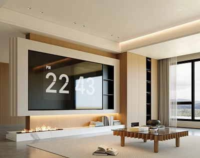Modern Wooden TV Stand With Built-in TV Fireplace And Bookshelf In Living Room 3d model