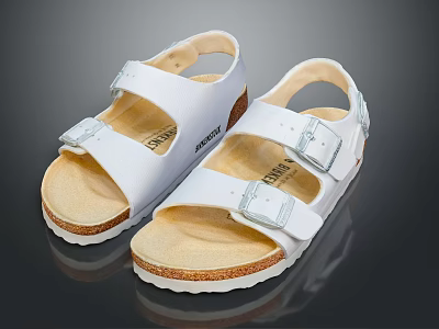 White Birkenstock Sandals with Cork Sole and Adjustable Buckle Straps for Comfortable Wear 3d model