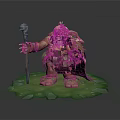 Elderly Bearded Game and Movie Character With Wooden Staff Grass Skirt on Green Crystal Platform