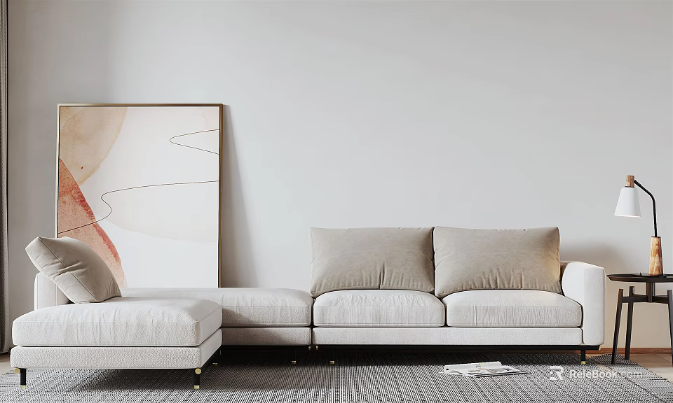 Light Beige Sectional Sofa With Soft Cushions Abstract Painting And White Wall Interior 3d model 