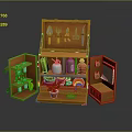Wooden Open Decorative Cabinet With Gardening Tools Bottles Flower Pots And Calendar