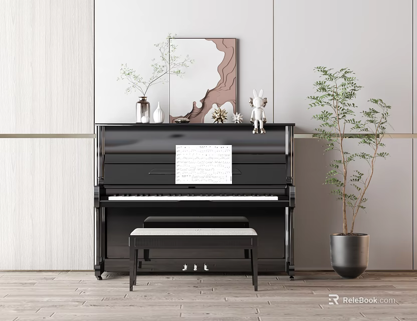 Black Piano And Art Supplies With Music Sheet In Modern Room 3d model 