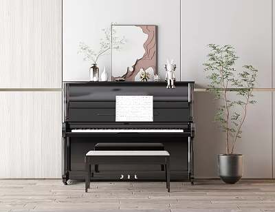 Black Piano And Art Supplies With Music Sheet In Modern Room 3d model
