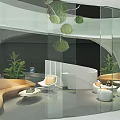 Modern Car Showroom Interior With Green Sports Car Display Platform And Lounge Area